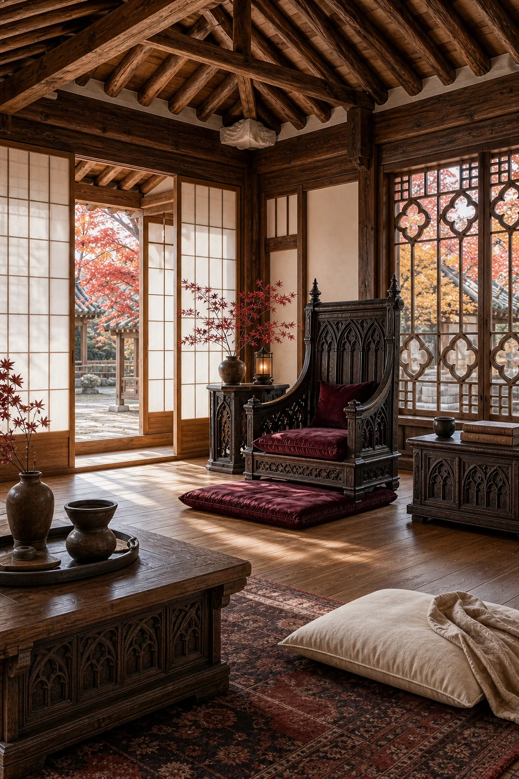 Wide view of a room with exposed pine beams, paper doors, and a carved oak chair with velvet cushions.