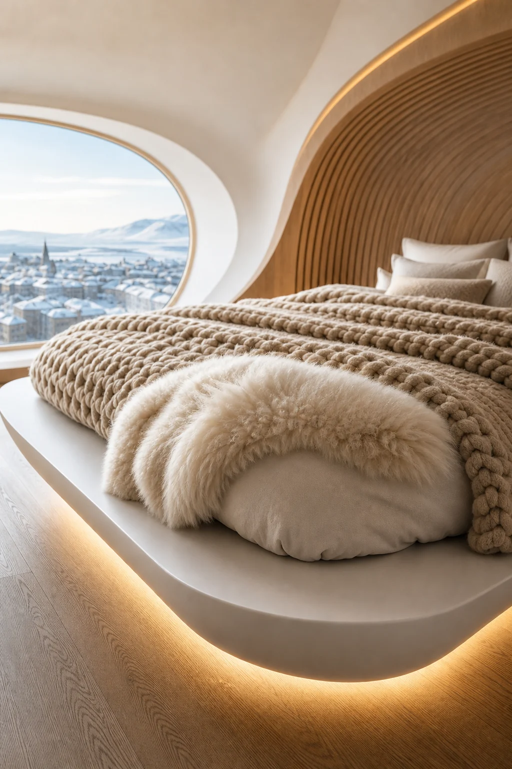 Close-up detail of a heavy chunky-knit unbleached wool blanket draped over the edge of a sleek matte-white floating bed frame.