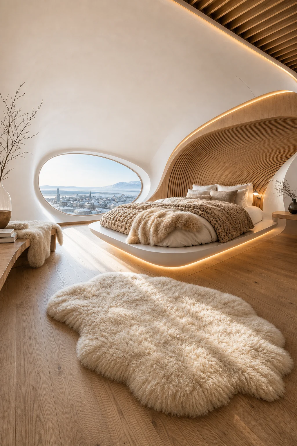 Wide shot showing a seamless parametric curved matte-white wall meeting a raw light-oak floor with a plush sheepskin rug.