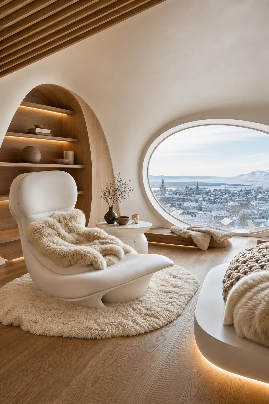 A low-slung futuristic white composite lounge chair draped with a cozy sheepskin throw near a fluid window reveal.