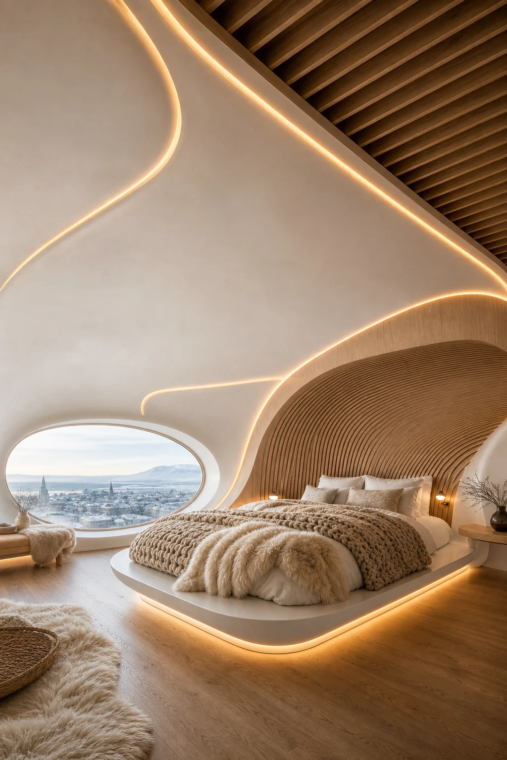 Upward medium shot highlighting recessed LED cove lighting integrated into a sweeping white ceiling, glowing with warm amber light.