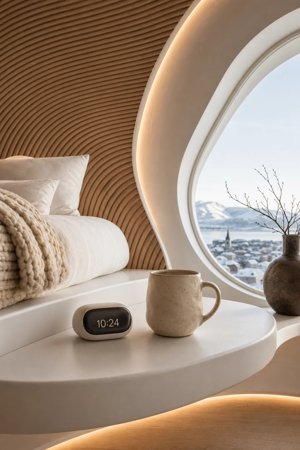 Close-up on a seamless floating matte-white nightstand styled with a handmade raw ceramic mug and a sleek digital clock.