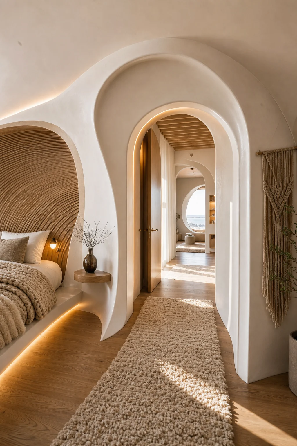 View of a bedroom doorway featuring a fluid curved archway transitioning to a hallway, grounded by a wool runner rug.