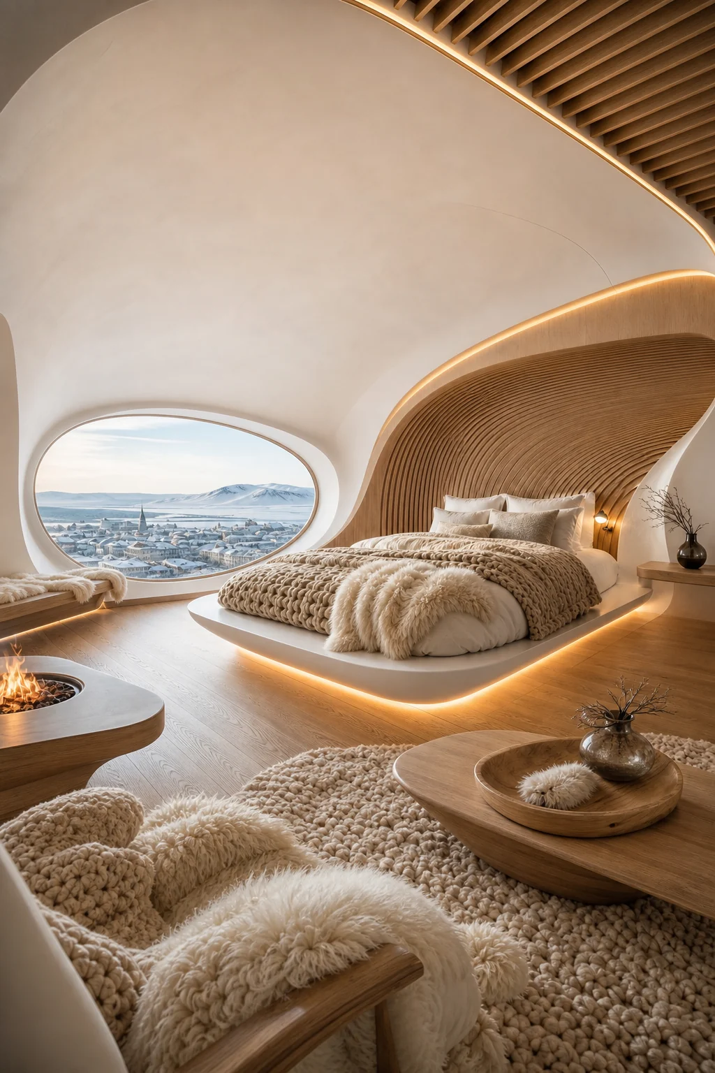 Full room alternate angle showing a floating bed in a curved shell, layered with wools and sheepskin under amber lighting.