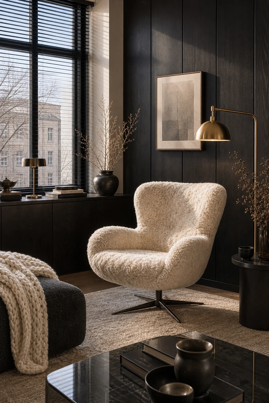 Ivory shearling lounge chair placed against dark ebonized wood wall paneling.