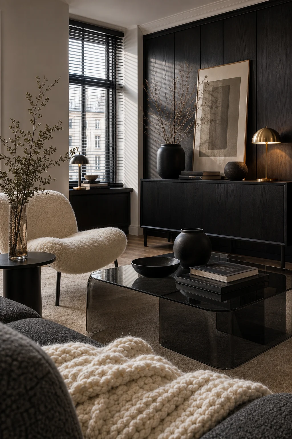 Smoked glass coffee table in front of a charcoal sofa with a chunky knit throw.