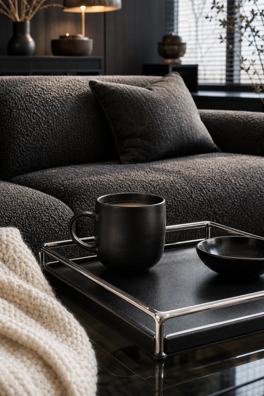 Close-up of a matte black ceramic mug on a black leather tray against charcoal boucle fabric.