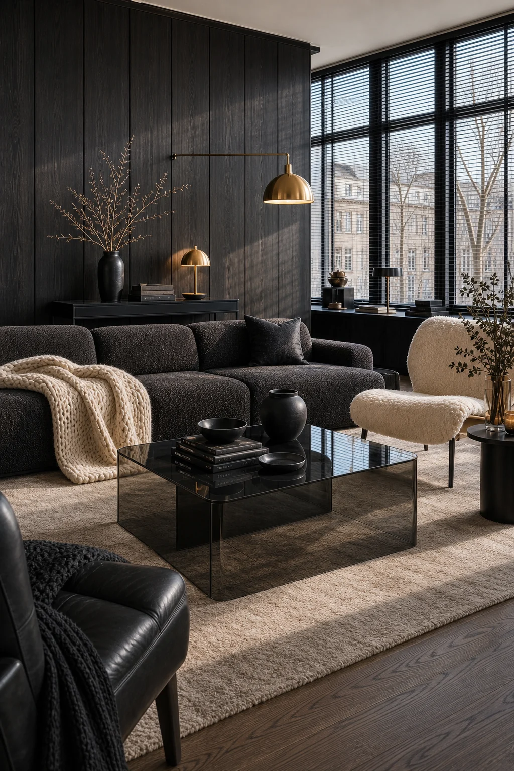Wide shot of a living room featuring a charcoal boucle sofa, shearling chair, and smoked glass table.