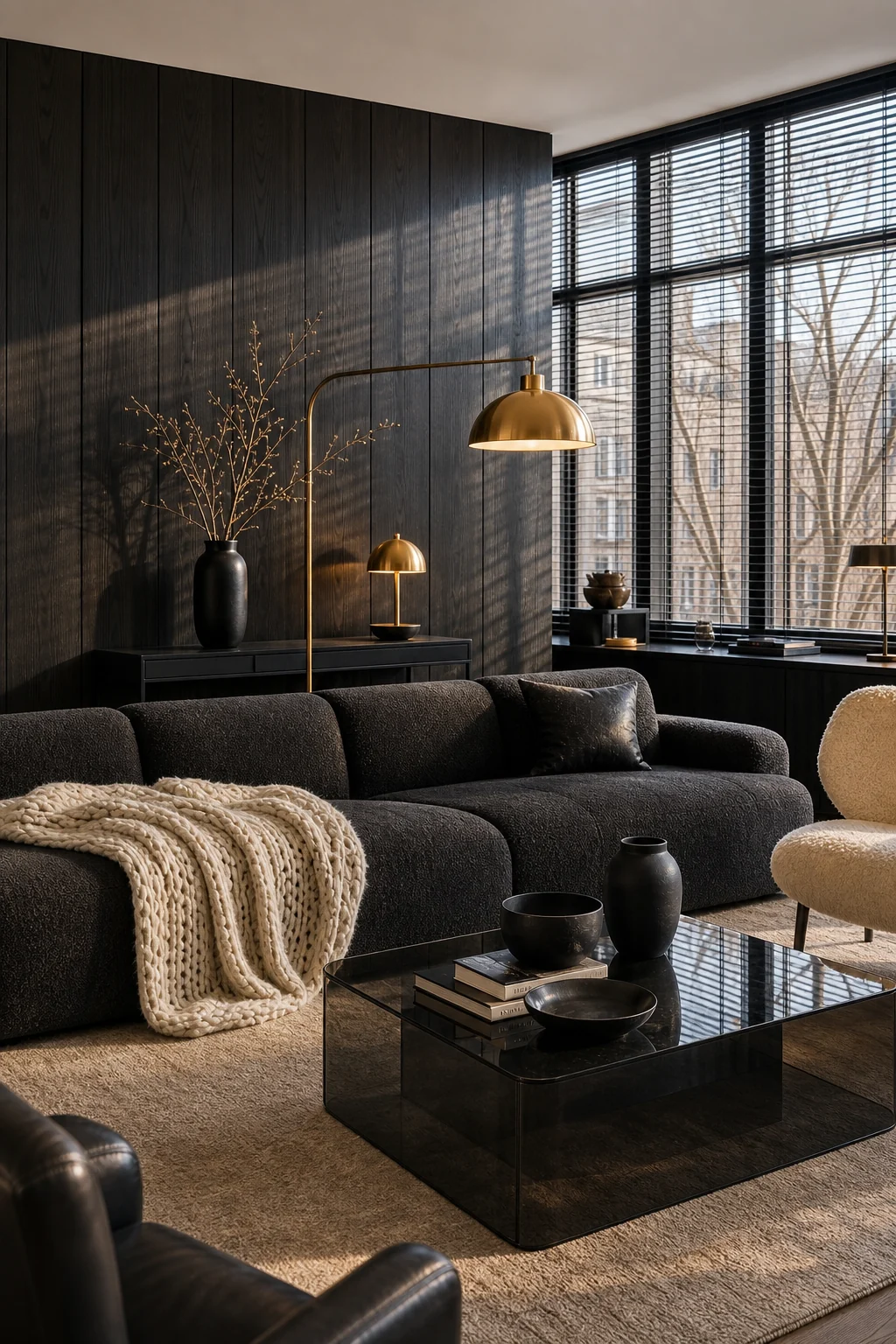 Warm brass mid-century floor lamp illuminating a dark charcoal sofa against ebonized walls.