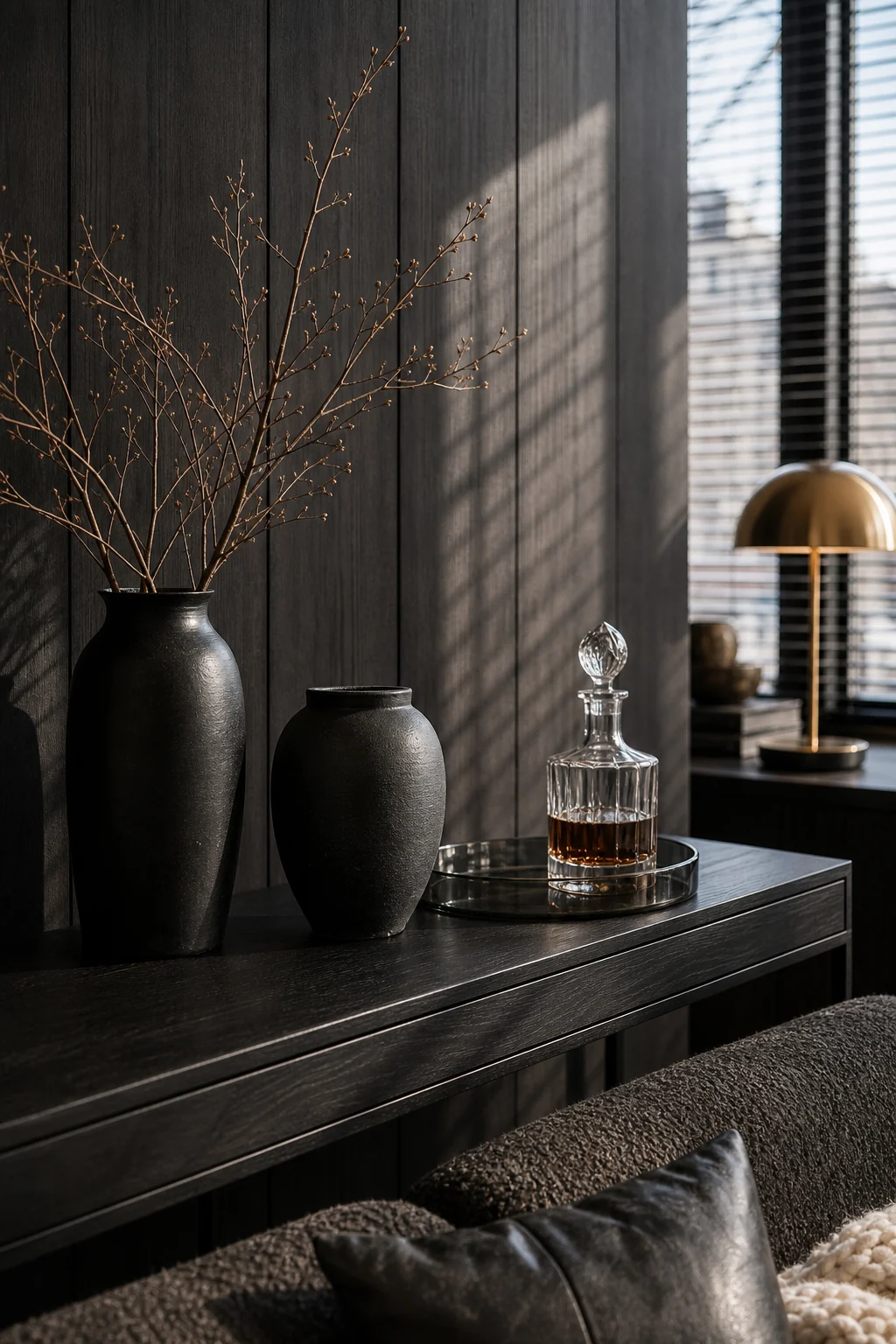Crystal decanter on a smoked glass tray next to matte black ceramic vases on a dark console.