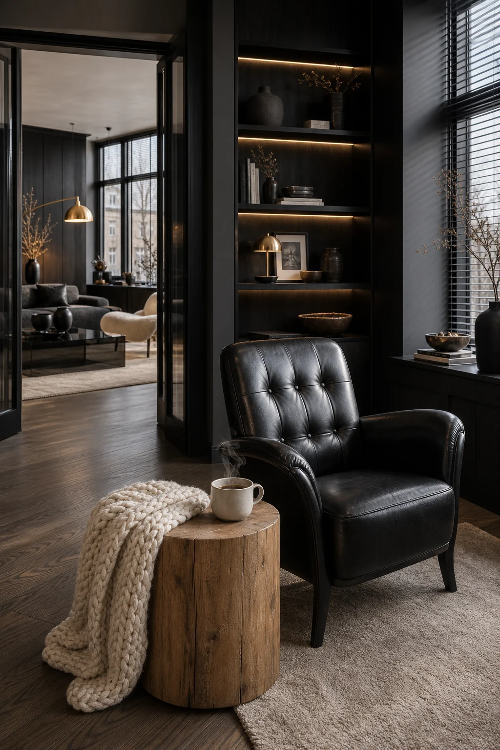 Black leather armchair next to a raw oak side table with a steaming mug in a reading nook.