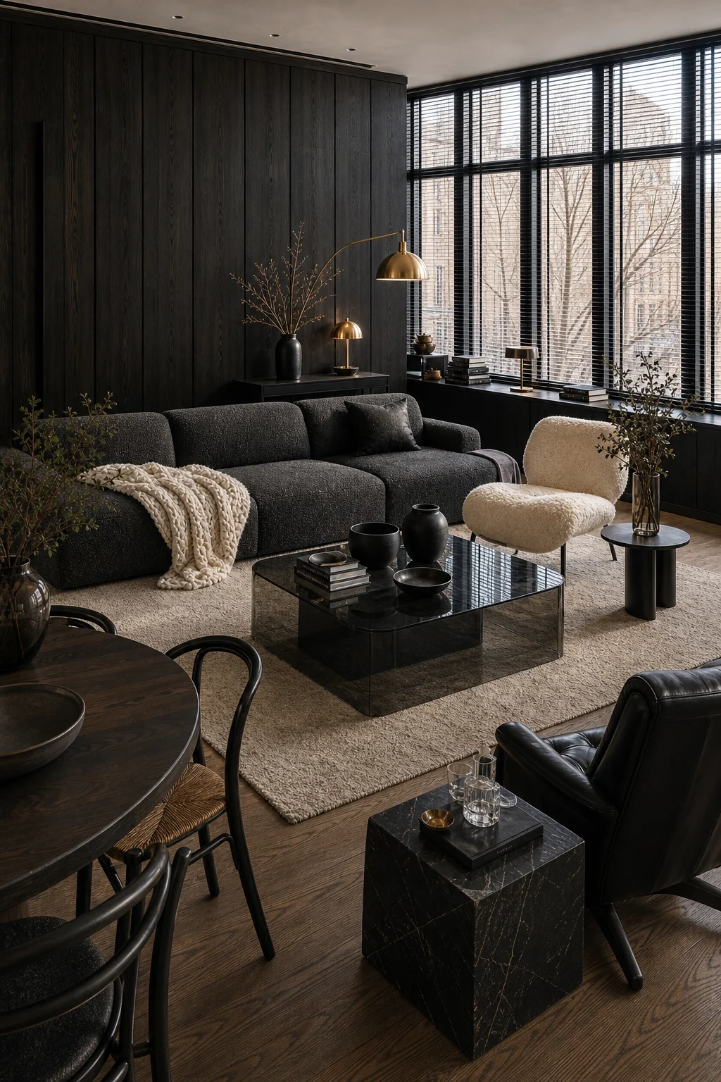 High-angle wide shot of a bright, balanced living room mixing dark walls and soft, plush seating.