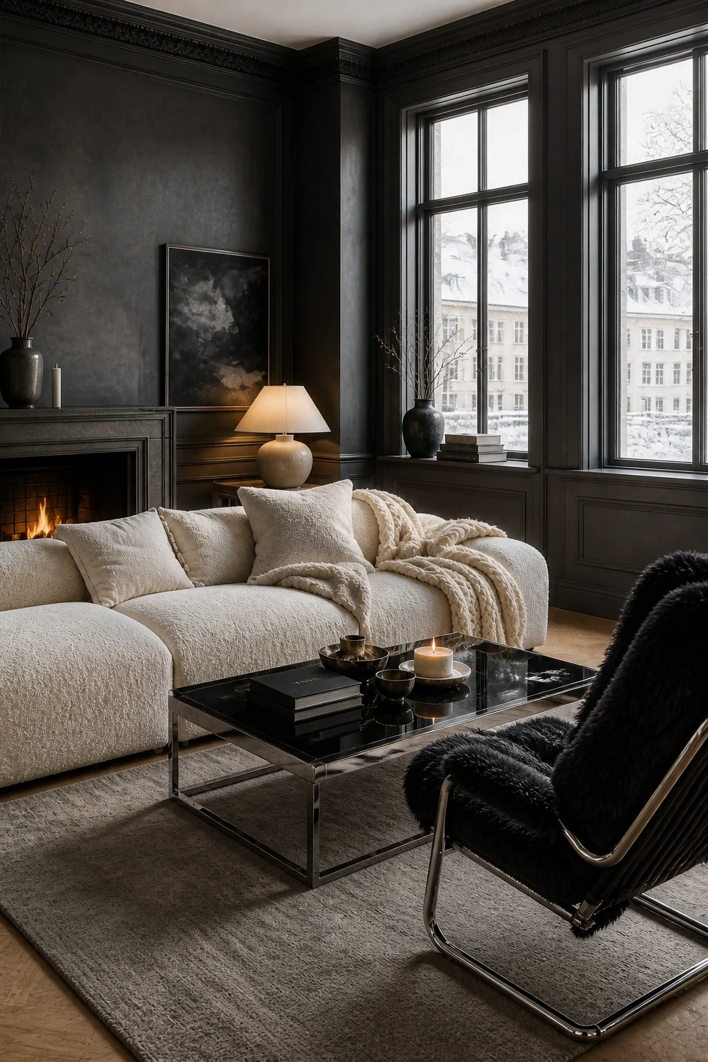 Close-up of an ivory bouclé sofa with chunky knit throws against a matte charcoal wall