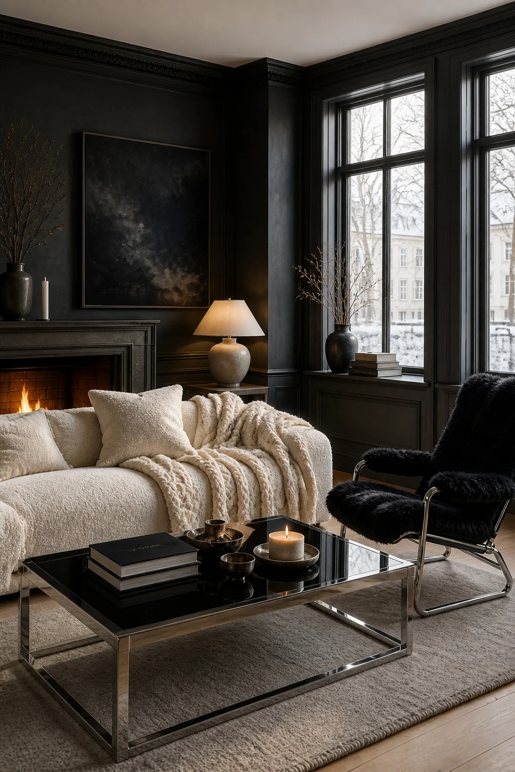 Wide architectural view of matte charcoal moldings and a smoked-glass coffee table