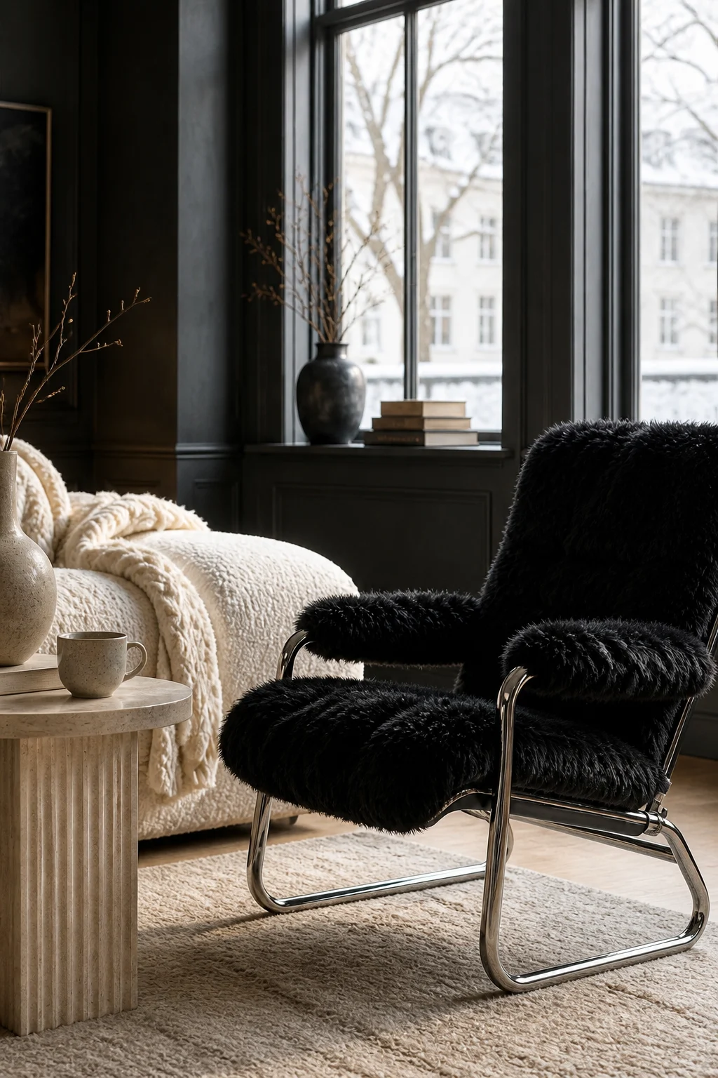 Detail shot of a black shearling lounge chair with a chrome frame