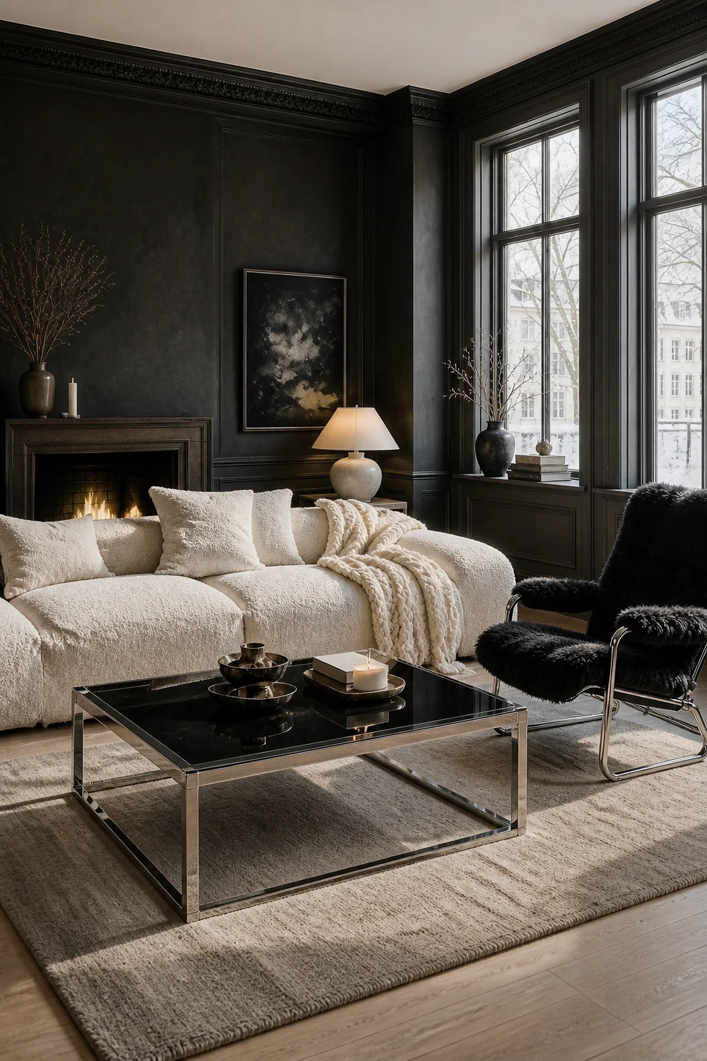 Full seating vignette featuring a bouclé sofa, smoked-glass table, and black shearling chair