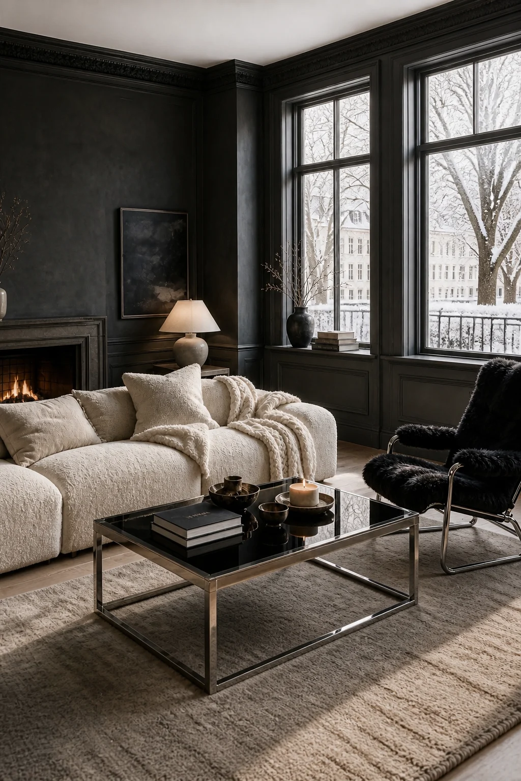 Medium shot of tall windows letting soft winter light hit charcoal walls