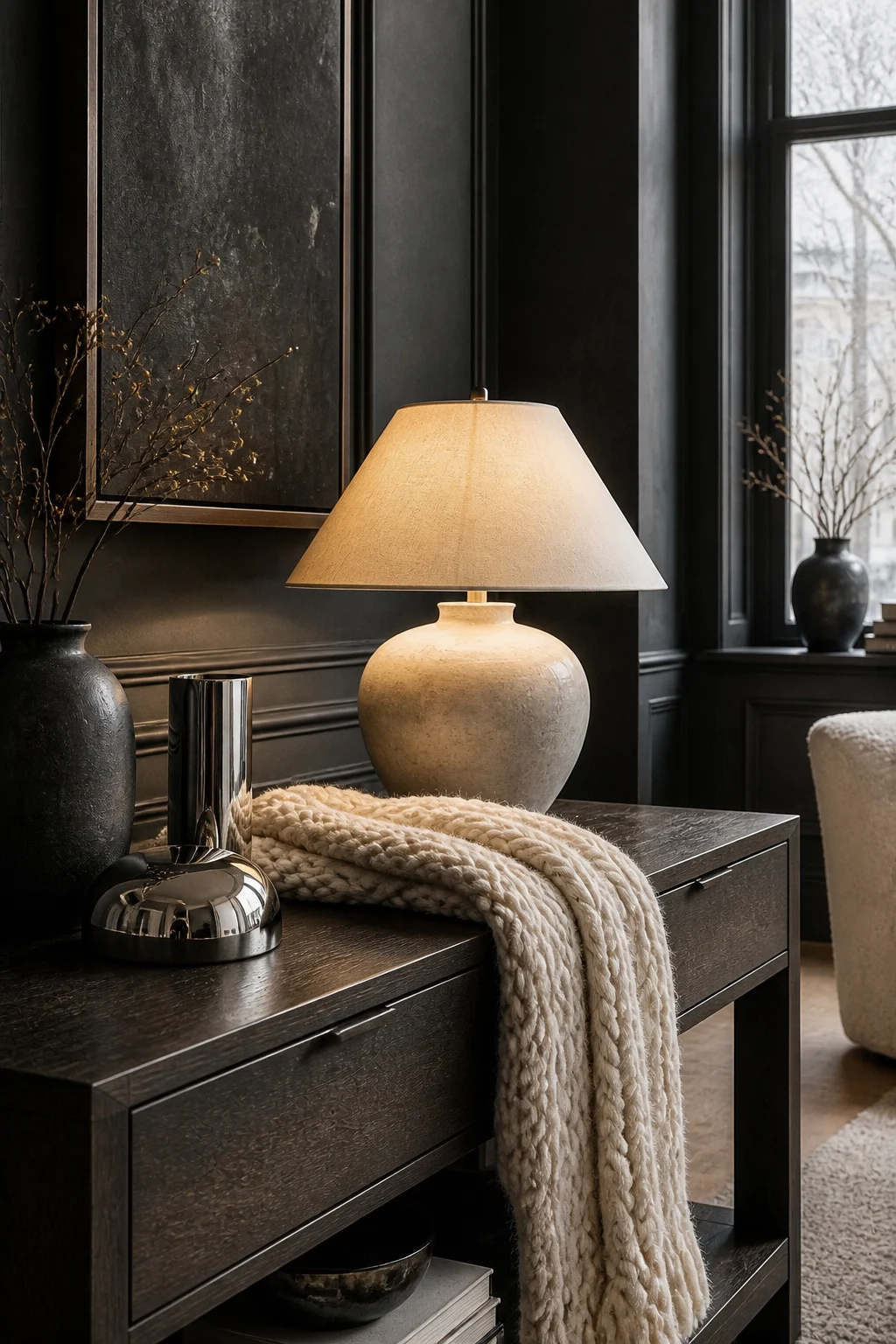 Styled console table with a glowing ceramic lamp and chrome accents