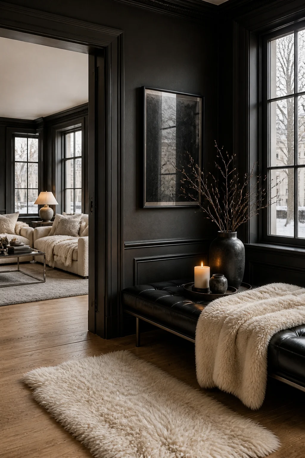 Cozy hallway reading nook with a black leather bench and white sheepskin rug