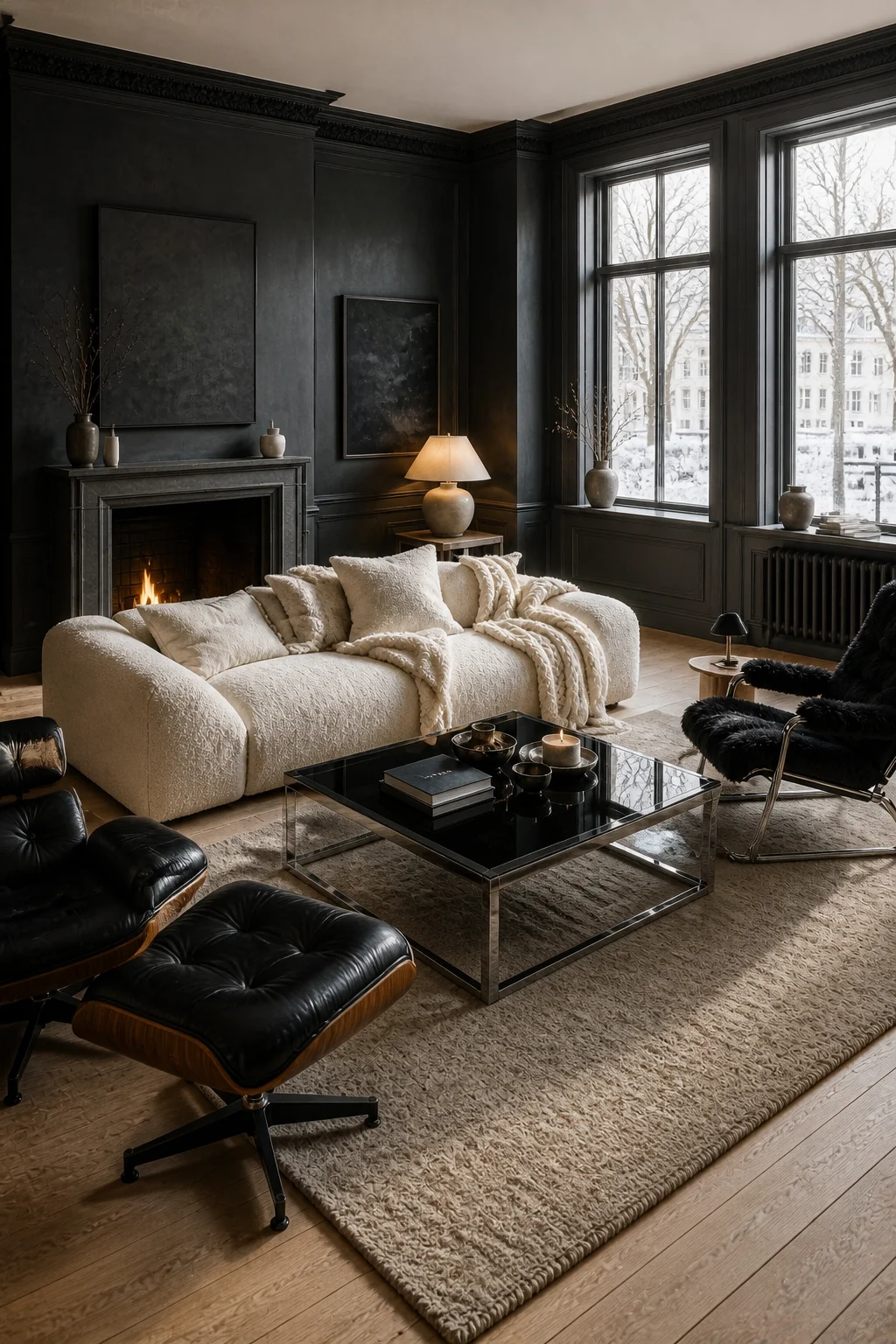 Wide, aspirational full-room view balancing bright cozy furniture with dark moody walls