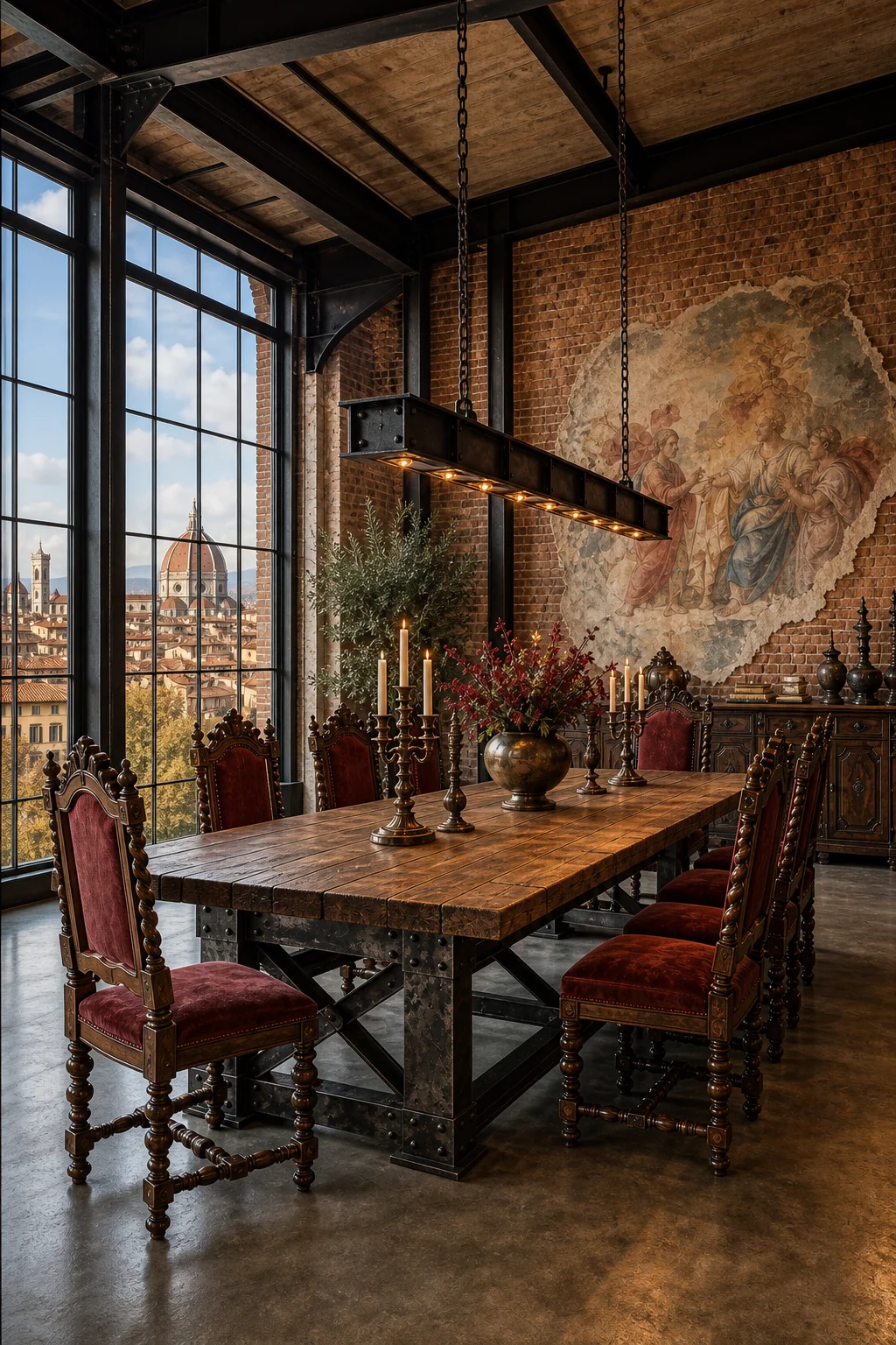 Wide view of a dining room featuring a massive Crittall window and raw brick wall behind a carved walnut credenza.