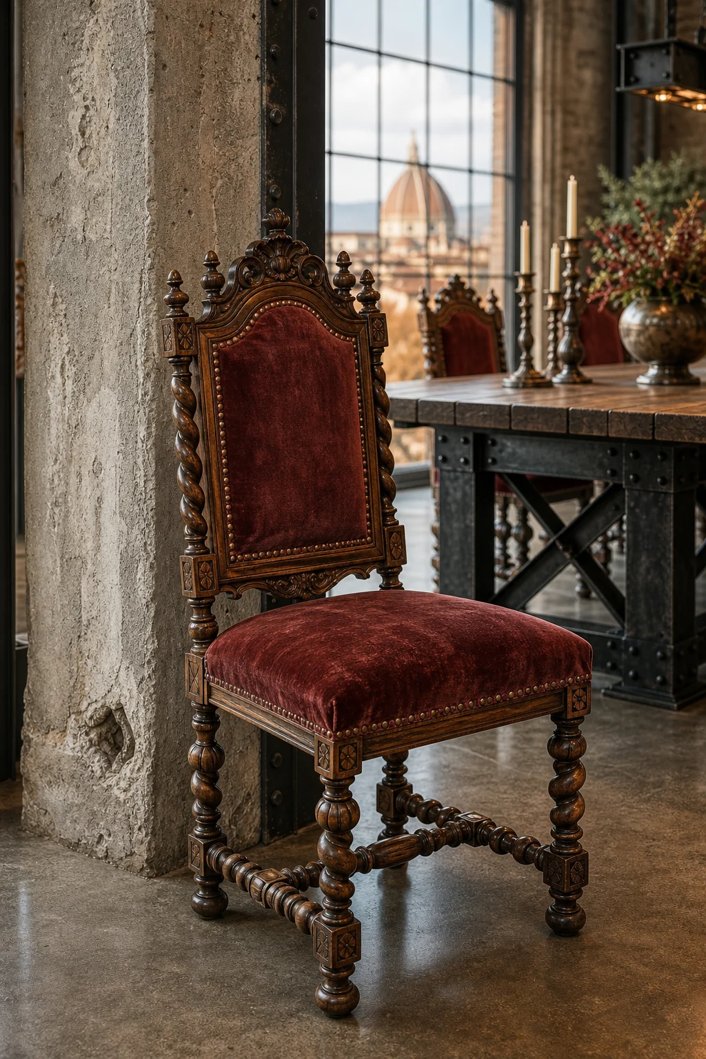 Close-up of a carved walnut chair with oxblood velvet upholstery positioned next to a raw concrete pillar.