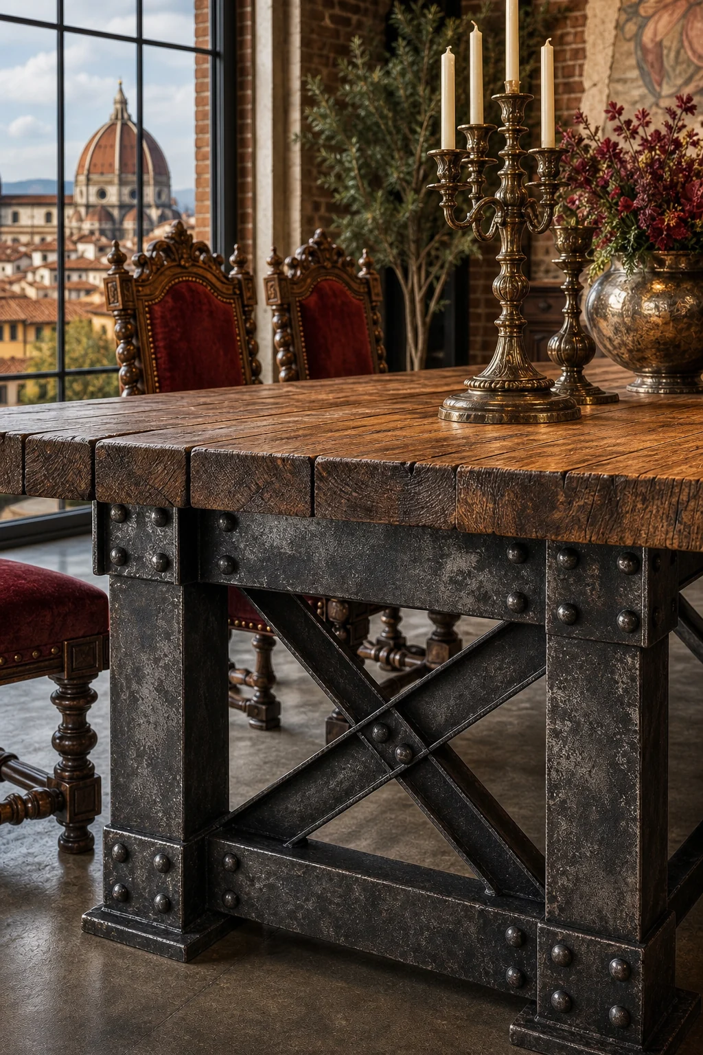 Detail shot of a dining table showing a raw steel base supporting an aged walnut top with brass candelabras.