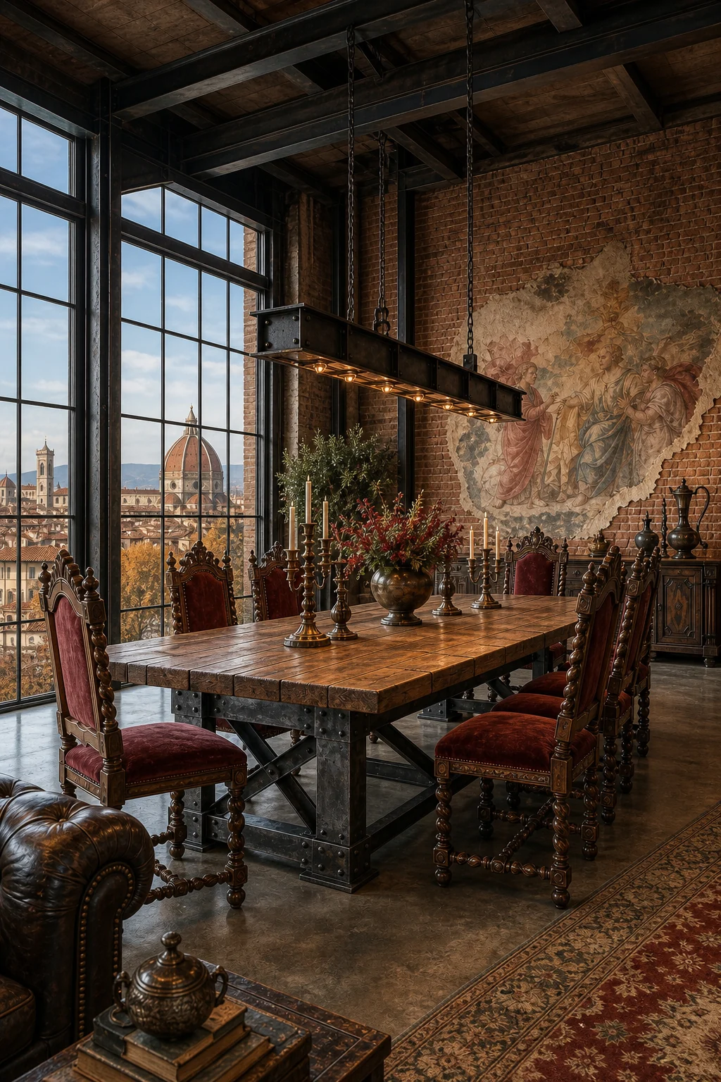 Medium view of a large dining table with a steel base and walnut top surrounded by oxblood velvet chairs.