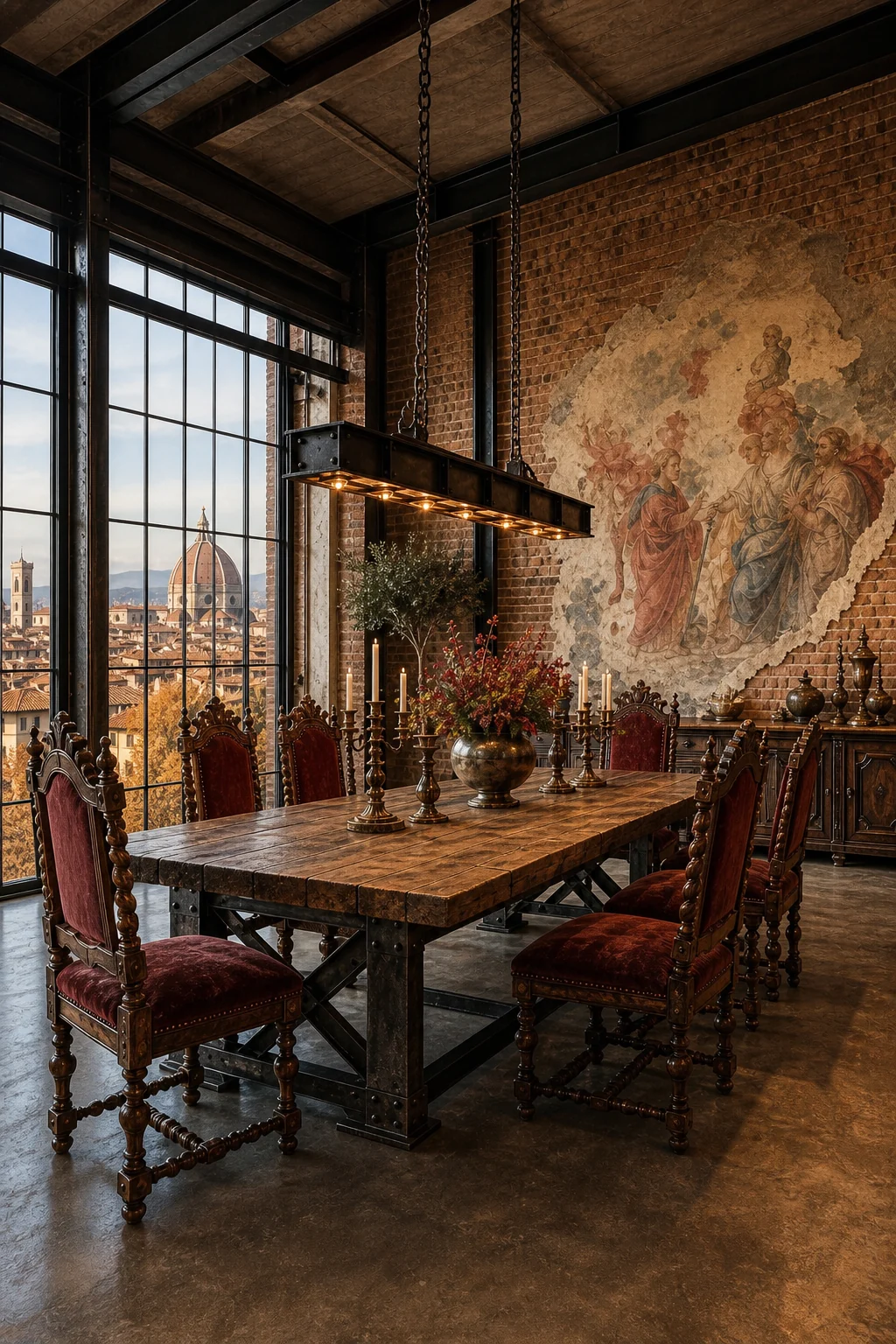 Wide room shot showing bright autumn sunlight streaming through factory windows onto a faded classical fresco on brick.