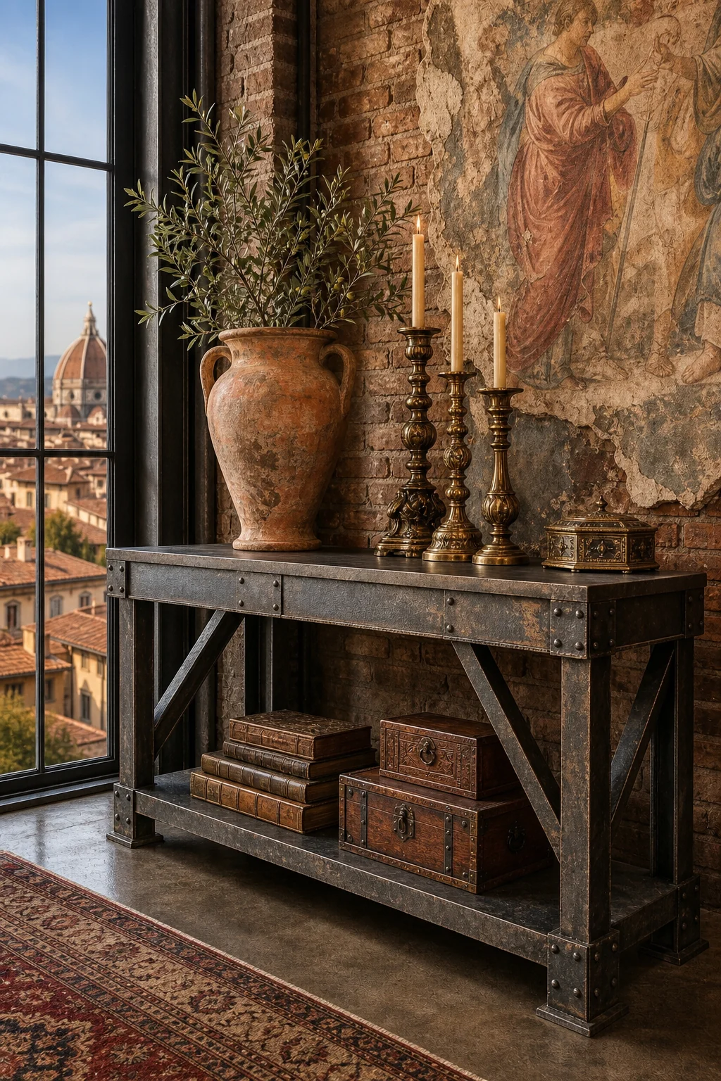 Close-up of a raw steel console table displaying a faded terracotta urn and antique brass candlesticks.