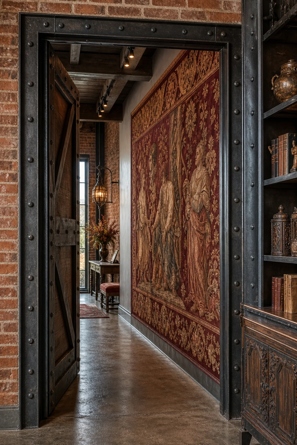 View through a heavy raw steel doorframe into a hallway decorated with a rich oxblood and gold tapestry.