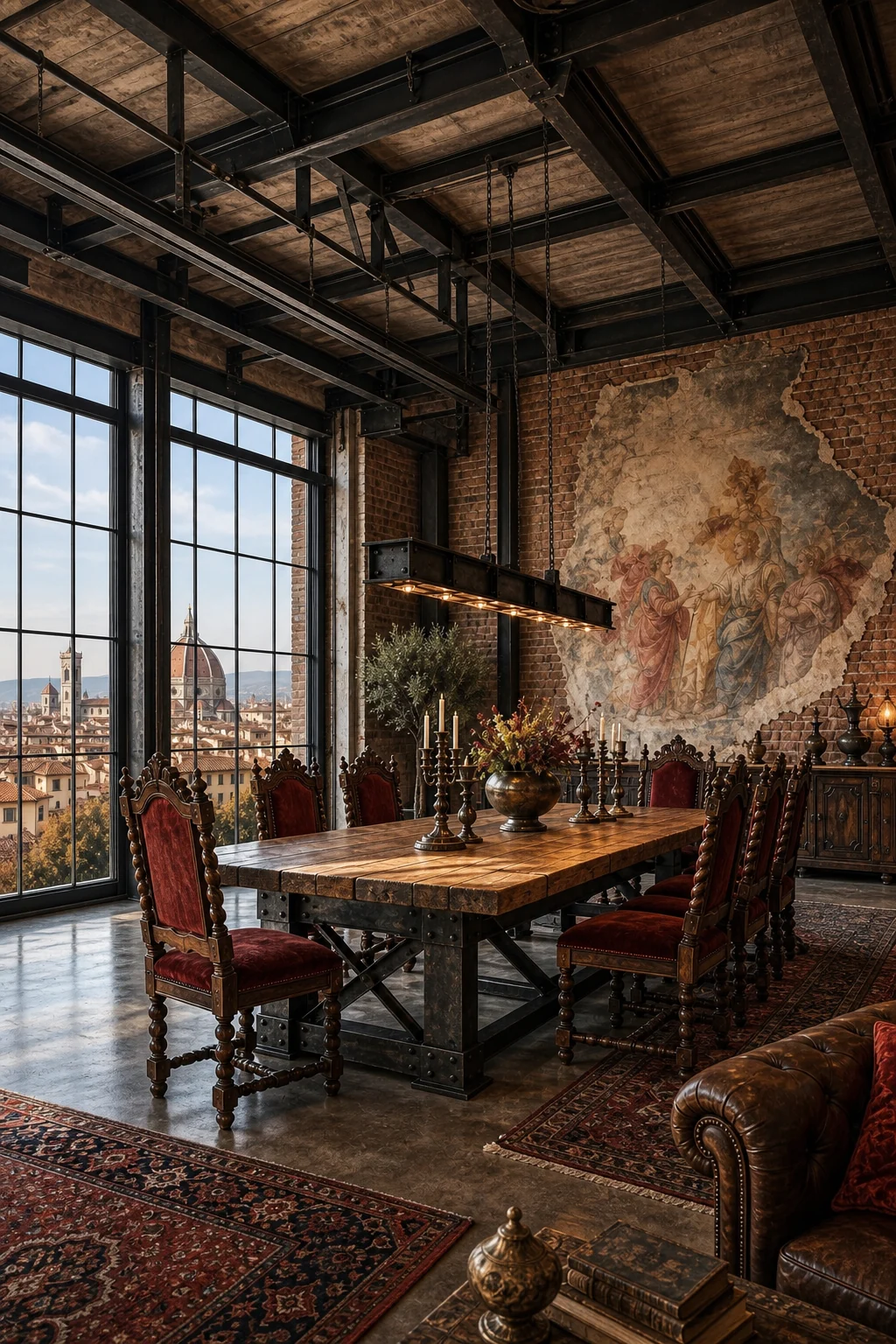 Low angle full room view highlighting exposed steel I-beams above a grand dining table and carved walnut chairs.