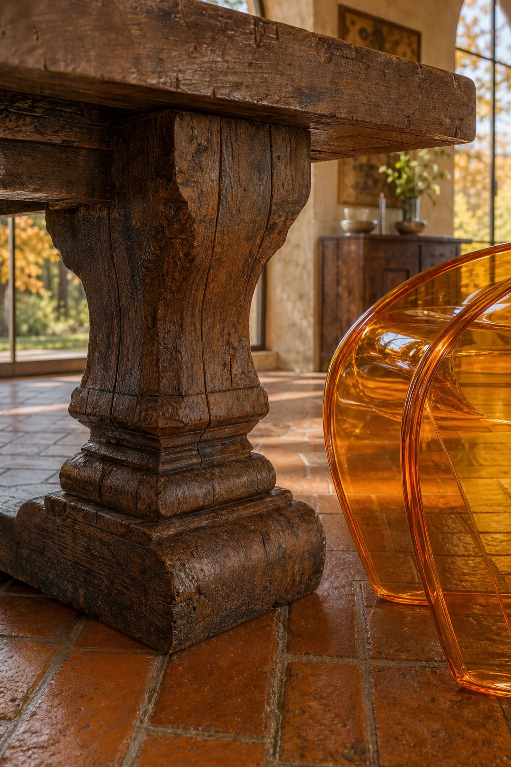Close-up of a heavy walnut table leg on terracotta flooring next to a translucent amber acrylic chair leg.