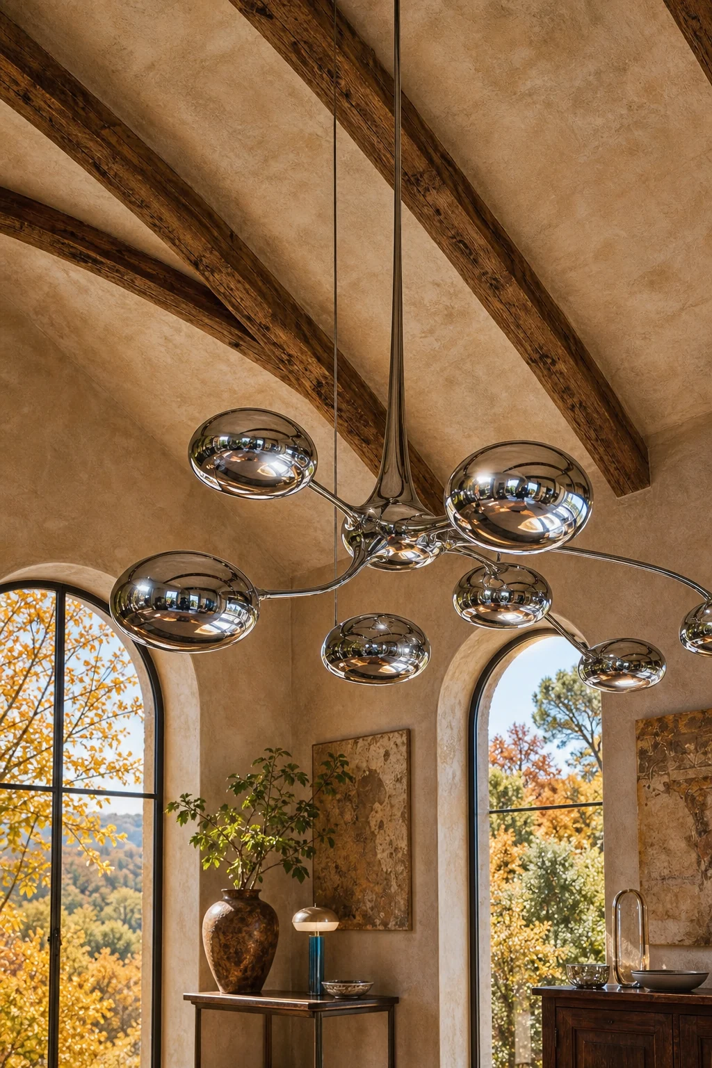 Polished chrome space-age pendant light hanging below a vaulted limewash plaster ceiling.