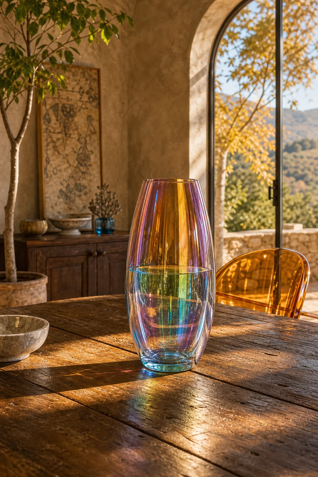 Iridescent glass vase sitting on a rustic walnut dining table bathed in golden light.