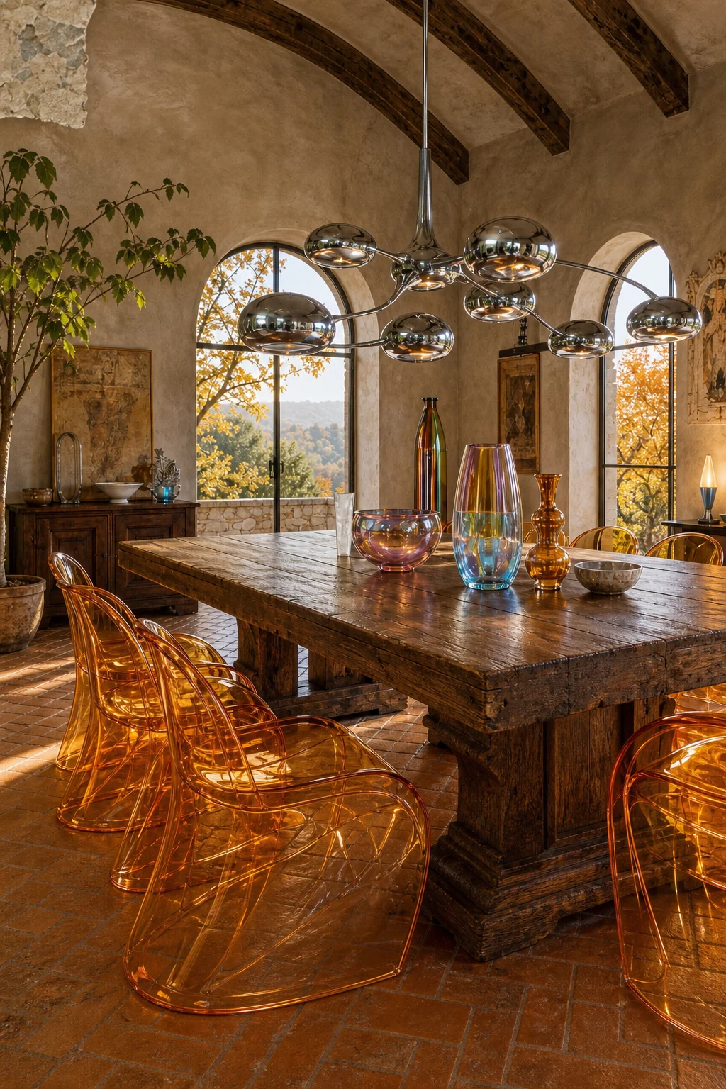 End of a massive walnut dining table surrounded by translucent amber acrylic chairs with a chrome pendant above.