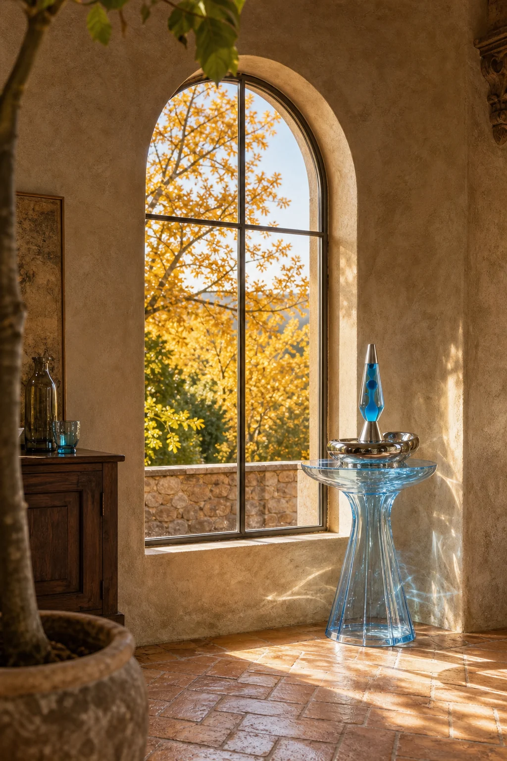 Golden autumn light from an arched window illuminating a translucent acrylic pedestal.
