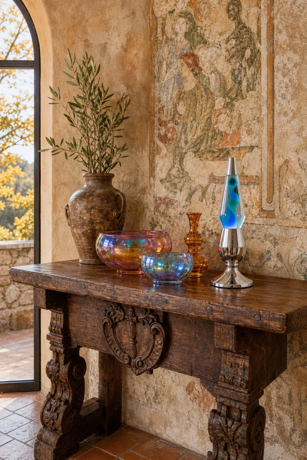 Rustic wooden console table styled with a lava lamp and iridescent glassware against a frescoed wall.