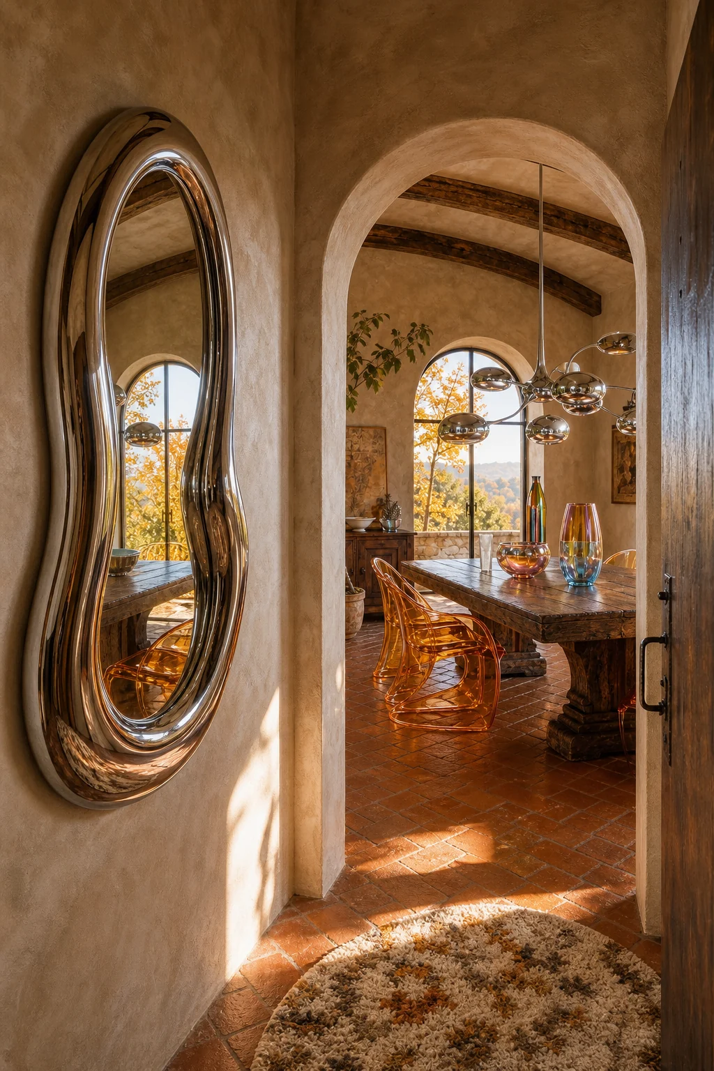 Hallway with terracotta floors and a liquid metallic mirror reflecting the dining room.