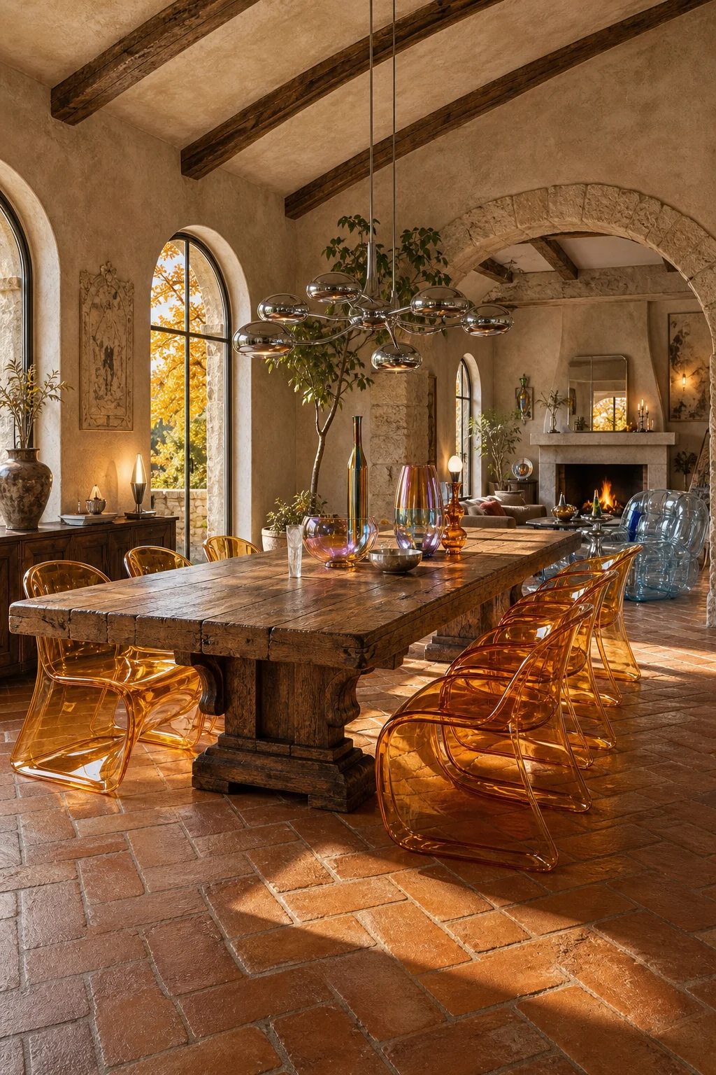 Wide shot of the dining room showing the harmonious blend of rustic architecture and synthetic decor.