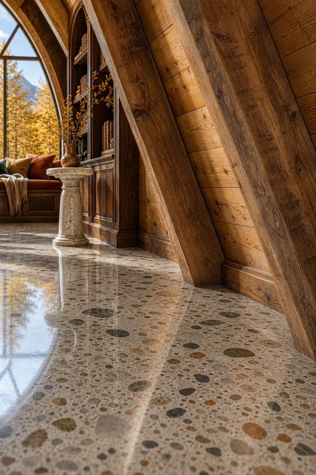 Low-angle view of polished grey-white terrazzo flooring reflecting exposed timber beams in a reading nook.