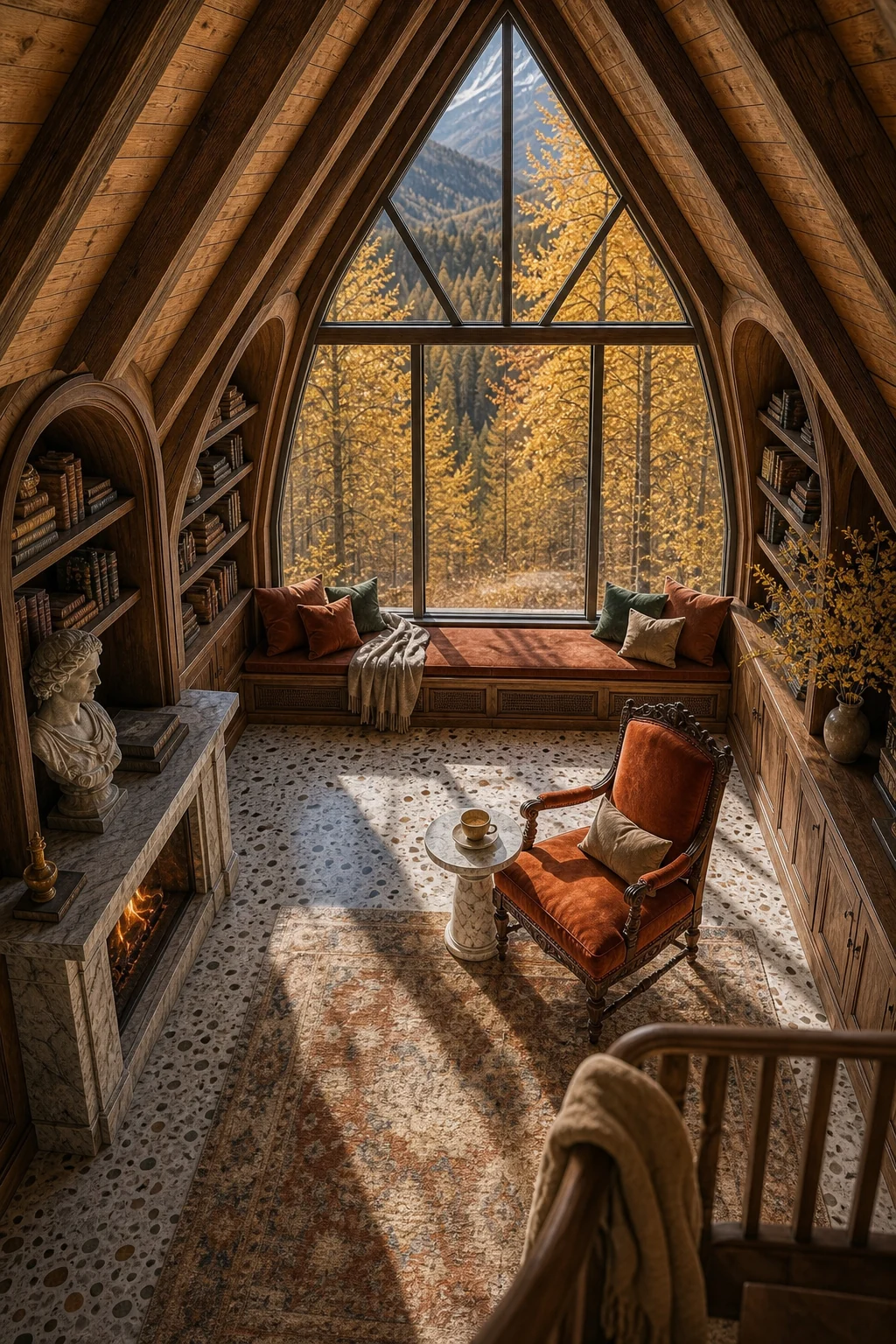 High-angle view from a loft showing steep A-frame timber walls framing arched Italianate bookshelves below.