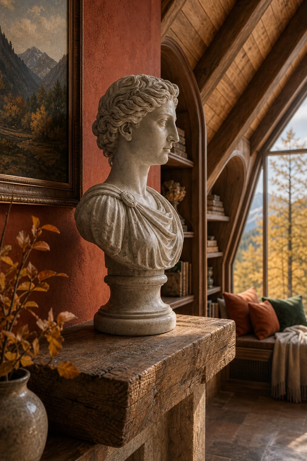 Detail shot of a polished Dolomite stone classical bust on a rough-hewn timber mantel against a terracotta wall.