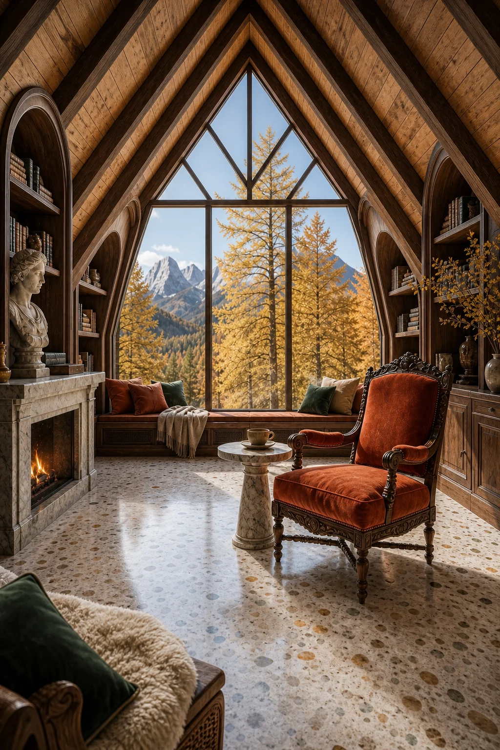 Medium shot of a carved walnut armchair in terracotta velvet beside a marble table near a triangular window.
