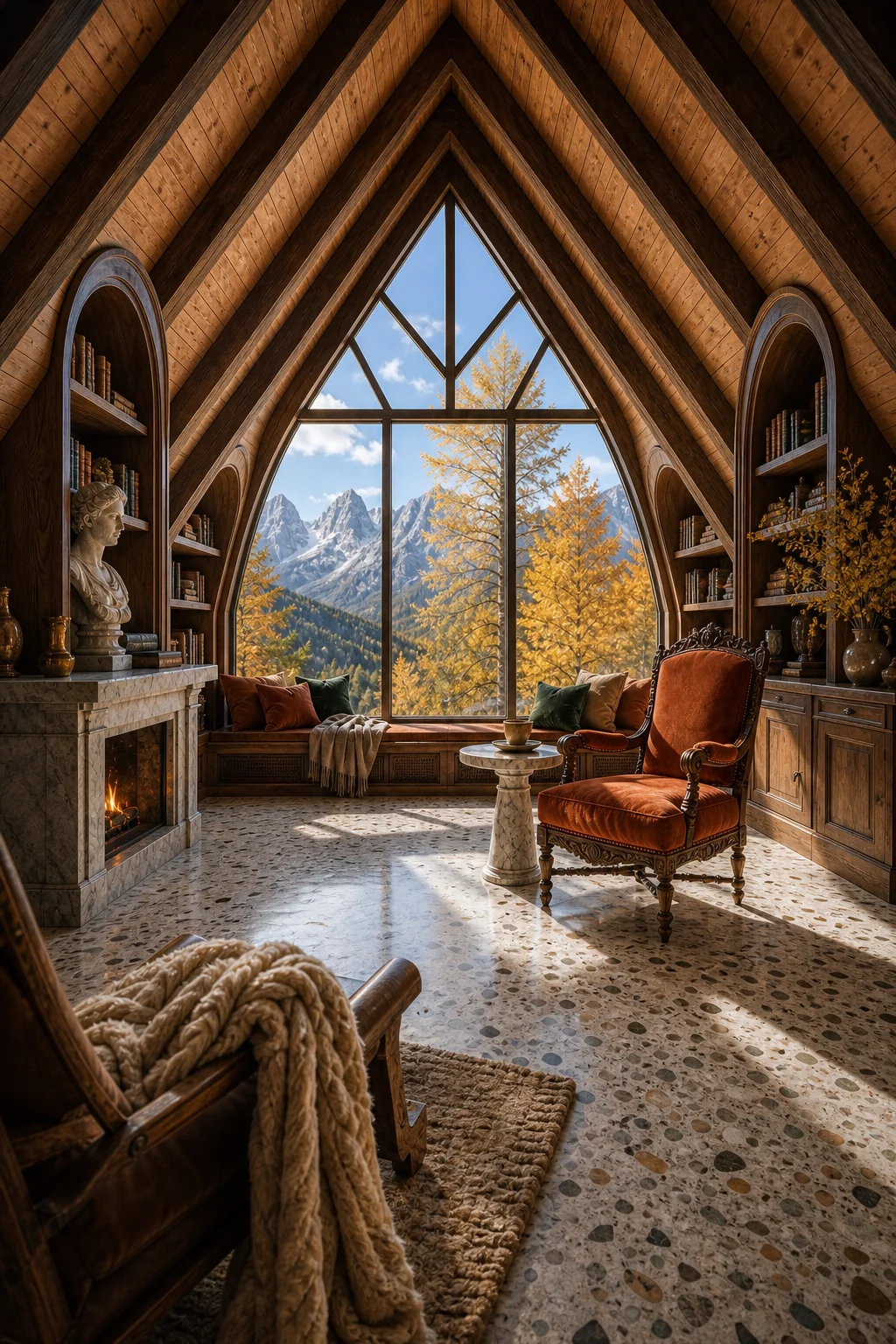 Wide architectural shot showing daylight streaming through a triangular gable window illuminating arched built-ins.
