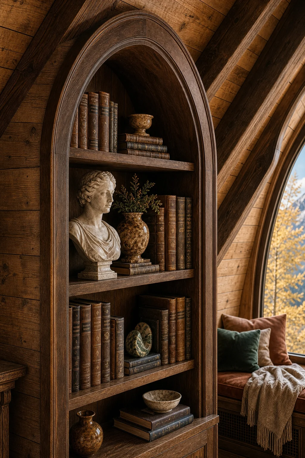 Close-up of an Italianate arched bookshelf nested into slanted pine walls, styled with antique books.