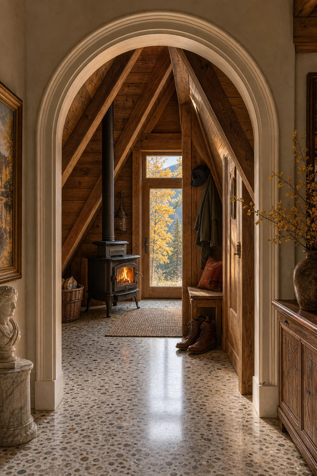 View through an arched doorway into a rustic mudroom with a cast-iron stove and terrazzo flooring.