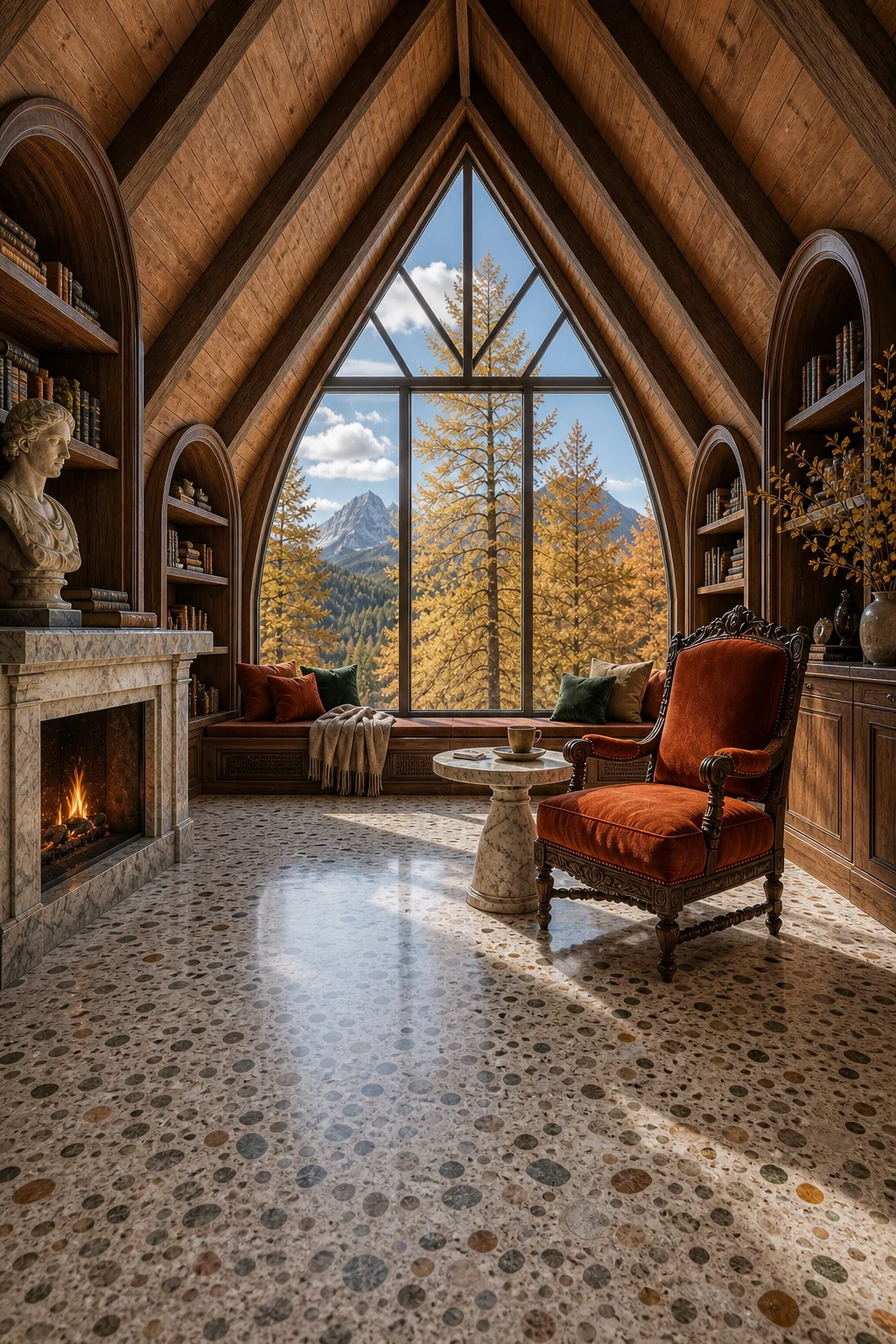 Full-room view of the reading nook showing seamless integration of classical masonry and rustic timber.