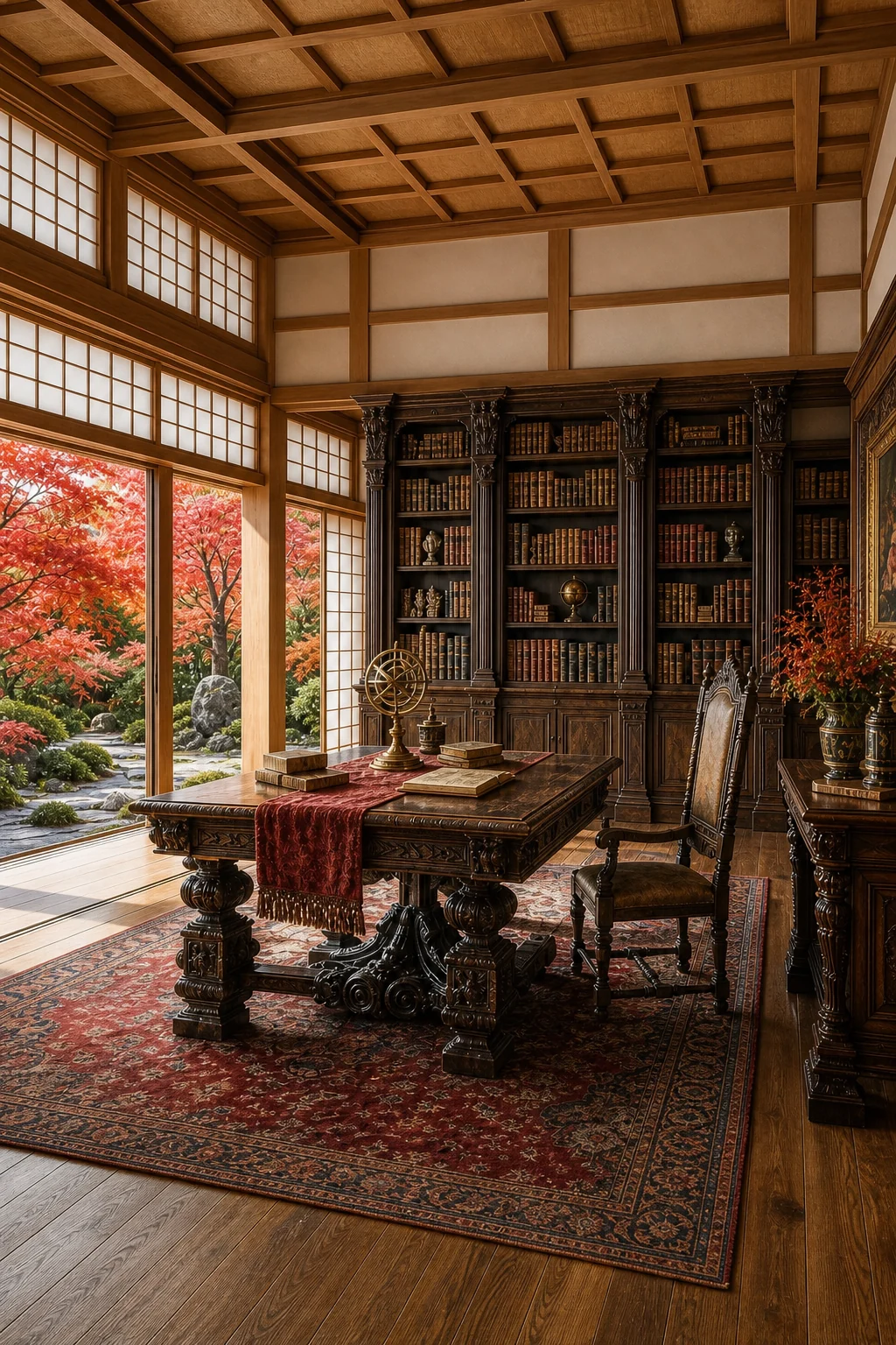 Wide view of a Japanese library with open shoji screens revealing autumn maples, while the edge of a Renaissance bookcase enters the frame.