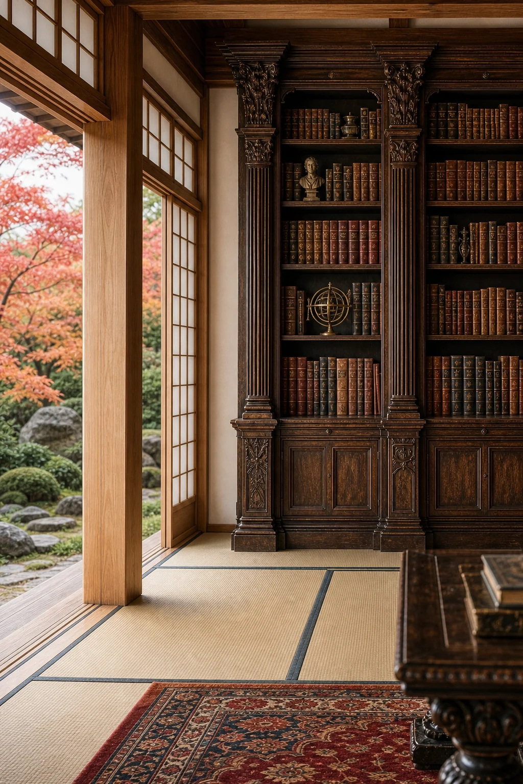 Massive dark walnut Renaissance bookcase filled with leather books sitting on woven Japanese tatami mats.
